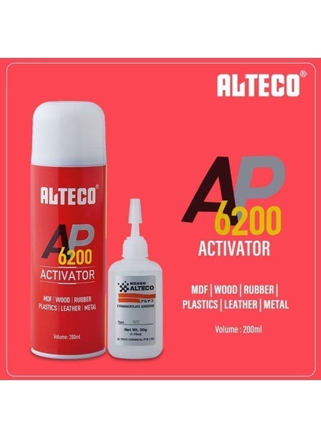 ALTECO Industrial Super Glue & Activator Set | High-Bond Cyanoacrylate Adhesive 50g with 200ml Instant Cure Spray | Heavy-Duty Kit for MDF, Wood, Rubber, Plastics, Leather, and Metal (Pack of 2) - Image 2